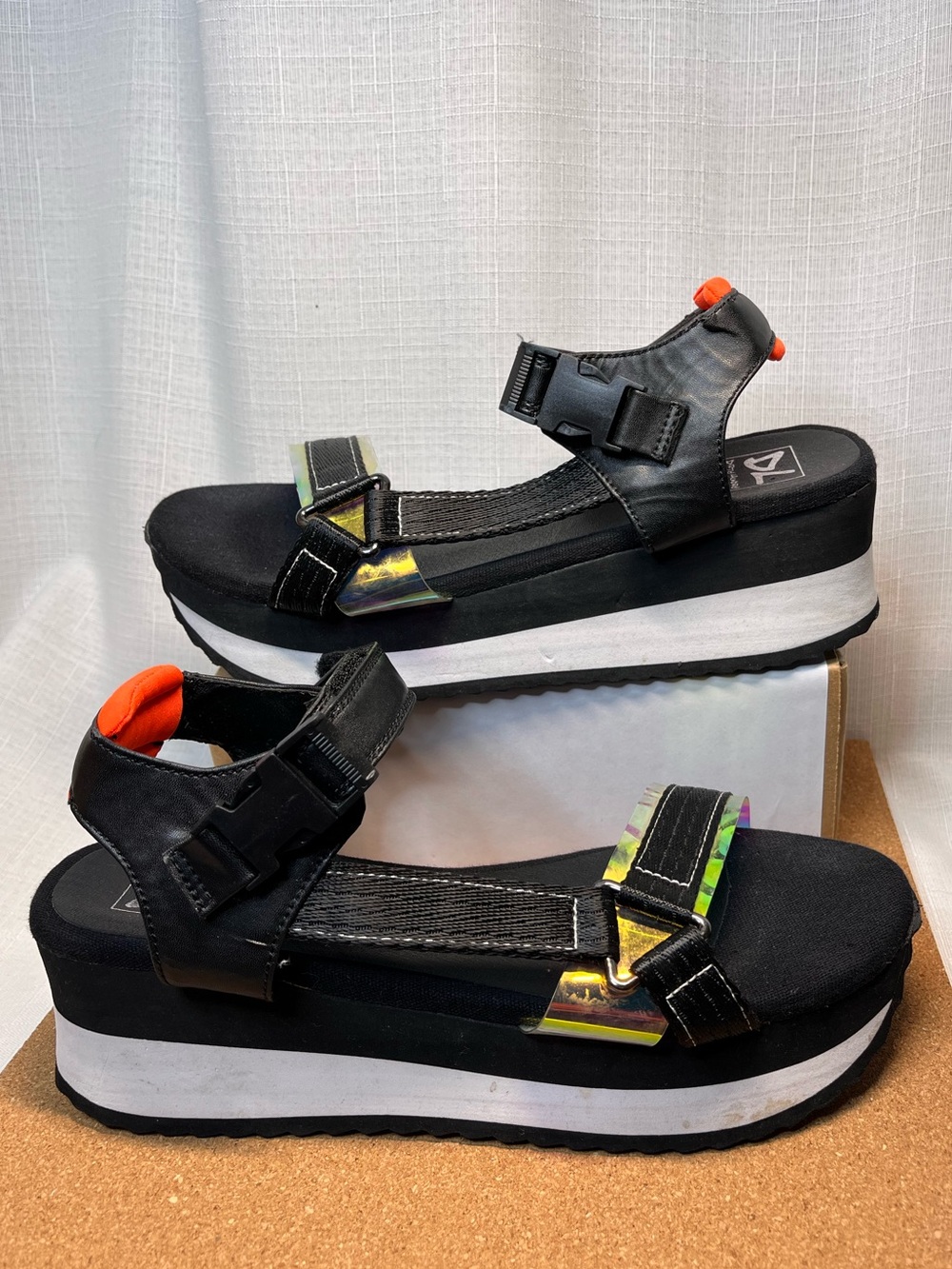 Dirty Laundry Platform Sandals Size 9 Black Holographic Neon Orange Y2K 90s Chun